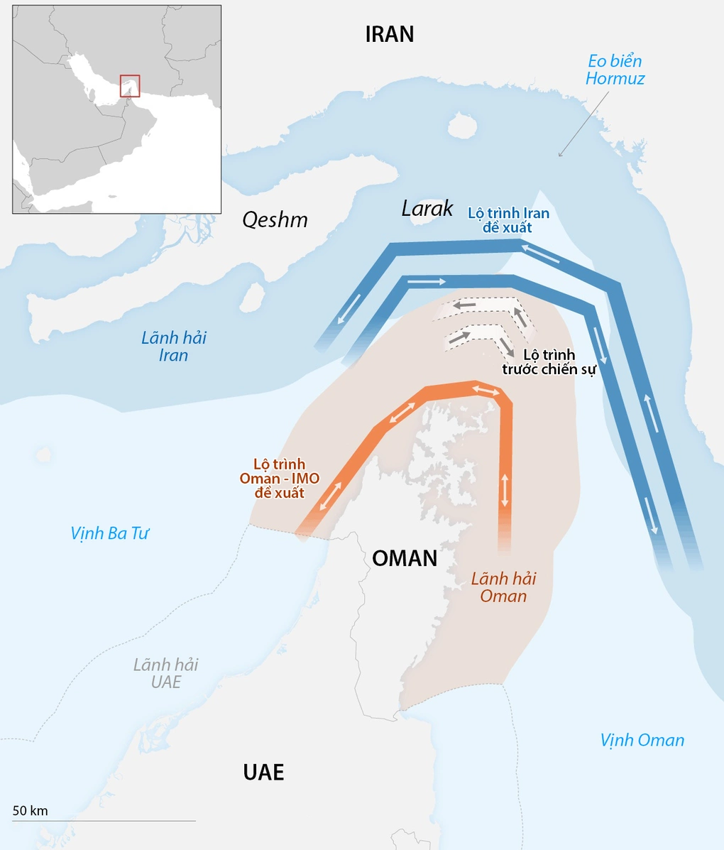 Các hải trình hiện được tàu bè sử dụng để đi qua eo biển Hormuz. Đồ họa: CNN