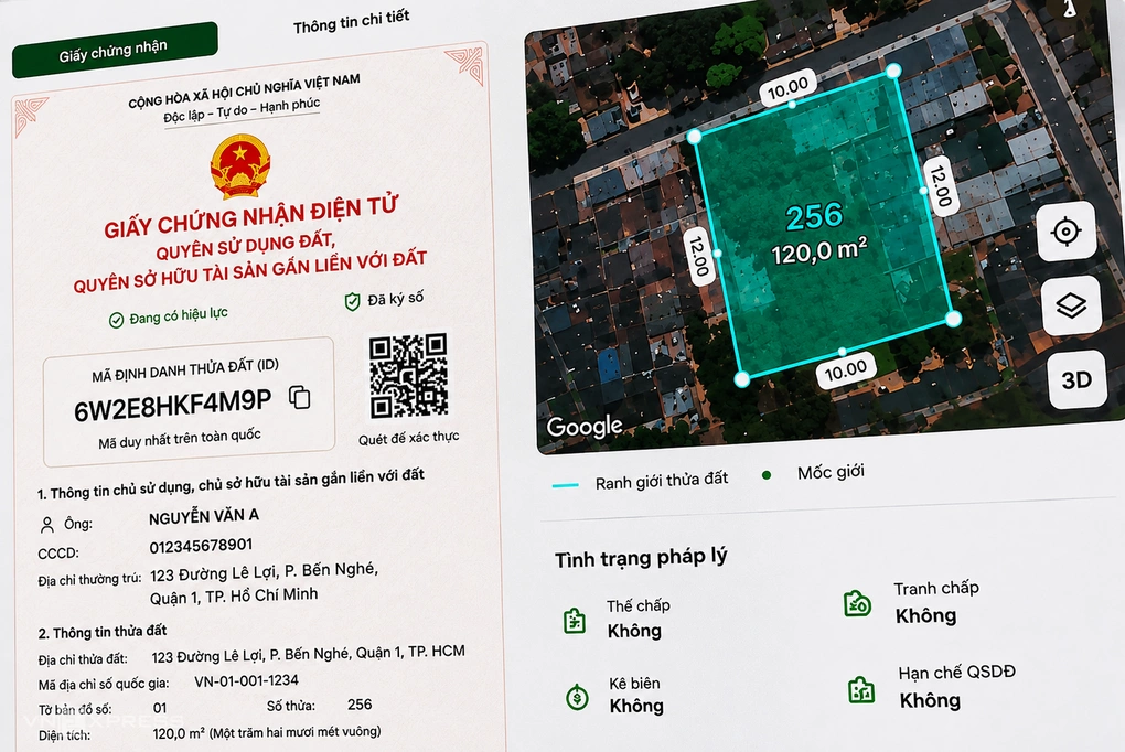 Giao diện mã định danh thửa đất và sổ đỏ điện tử đang trong quá trình hoàn thiện, chưa phải phiên bản cuối cùng. Ảnh: Trọng Đạt