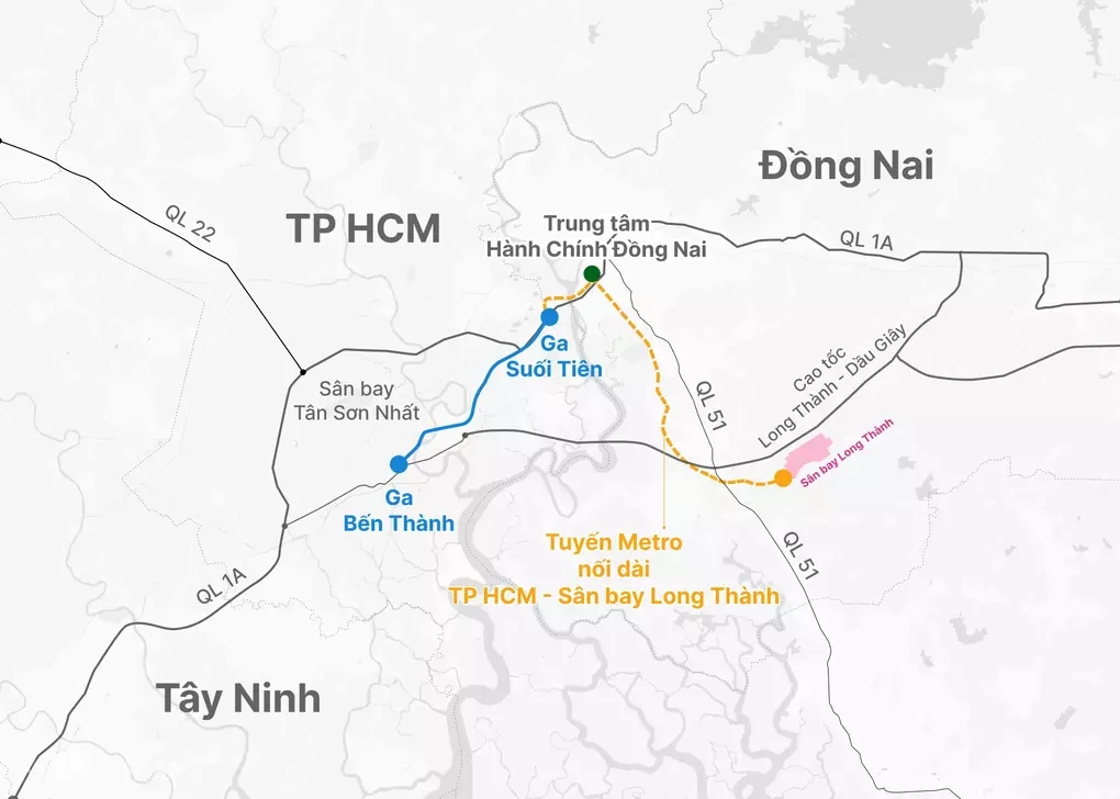 Lộ trình dự án metro kéo dài từ tuyến Bến Thành - Suối Tiên. Đồ hoạ: Hoàng Thanh