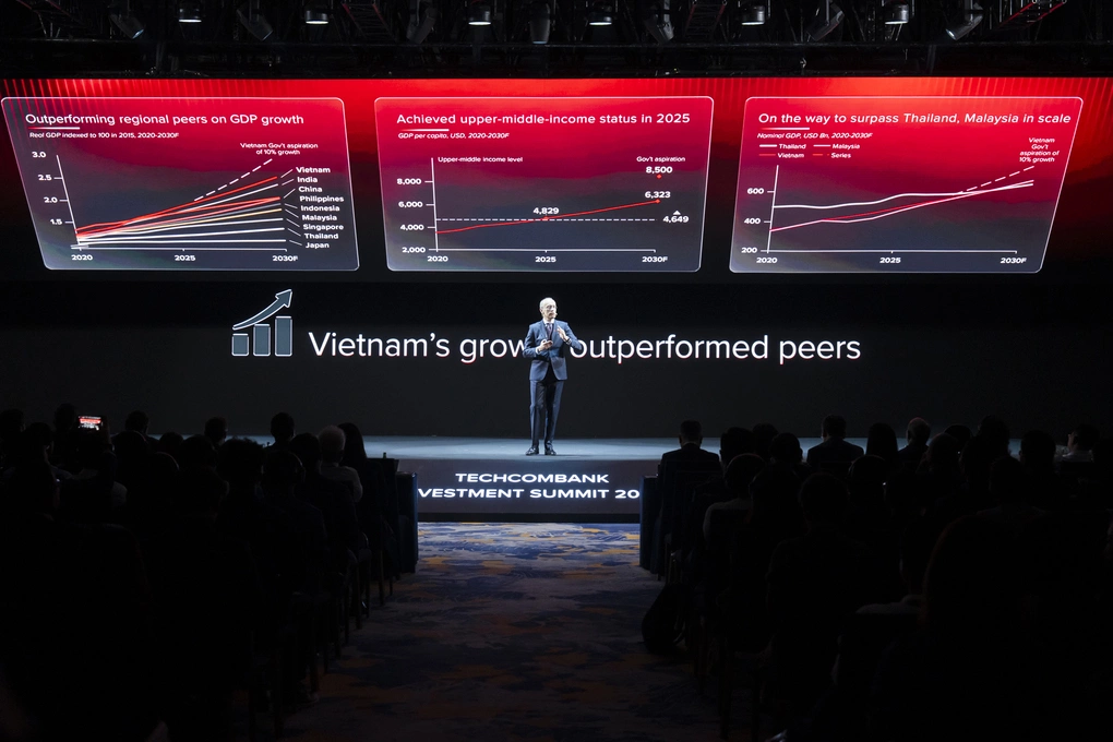 CEO Techcombank Jens Lottner chia sẻ tham luận mở đầu cho Hội nghị Đầu tư sáng 19/9. Ảnh: Tùng Đinh