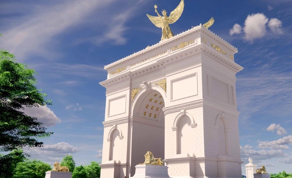 Thiết kế khải hoàn môn tại Washington với tượng vàng Nữ thần Tự do đặt trên đỉnh. Ảnh: CFA