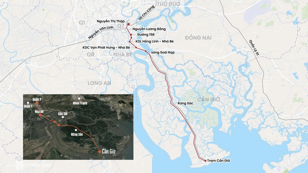 Hướng tuyến metro nối trung tâm TP HCM xuống Cần Giờ được quy hoạch. Đồ họa: Hoàng Thanh