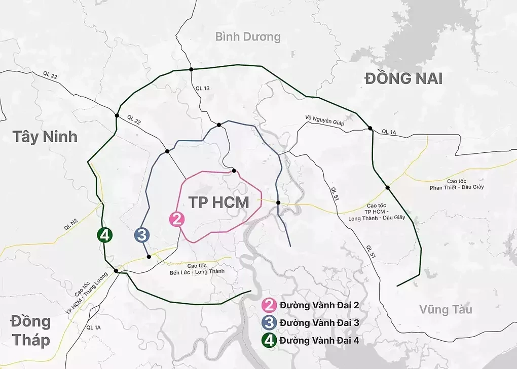 Quy hoạch ba tuyến vành đai 2, 3, 4 TP HCM. Đồ họa: Hoàng Thanh