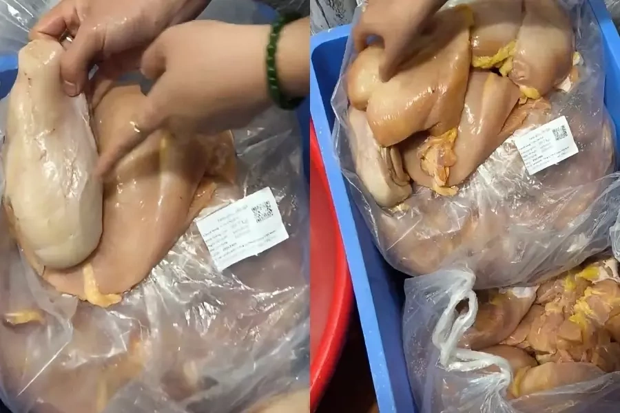 Thịt gà dành cho bữa ăn bán trú, được phụ huynh kiểm tra sáng 11/9, sau đó đã yêu cầu trả hàng. Ảnh: Phụ huynh cung cấp