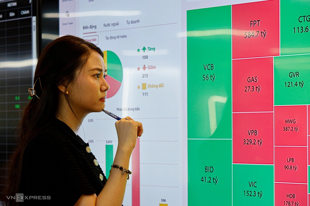 Nhà đầu tư đang quan sát bảng điện tại trụ sở một công ty chứng khoán ở TP HCM. Ảnh: An Khương