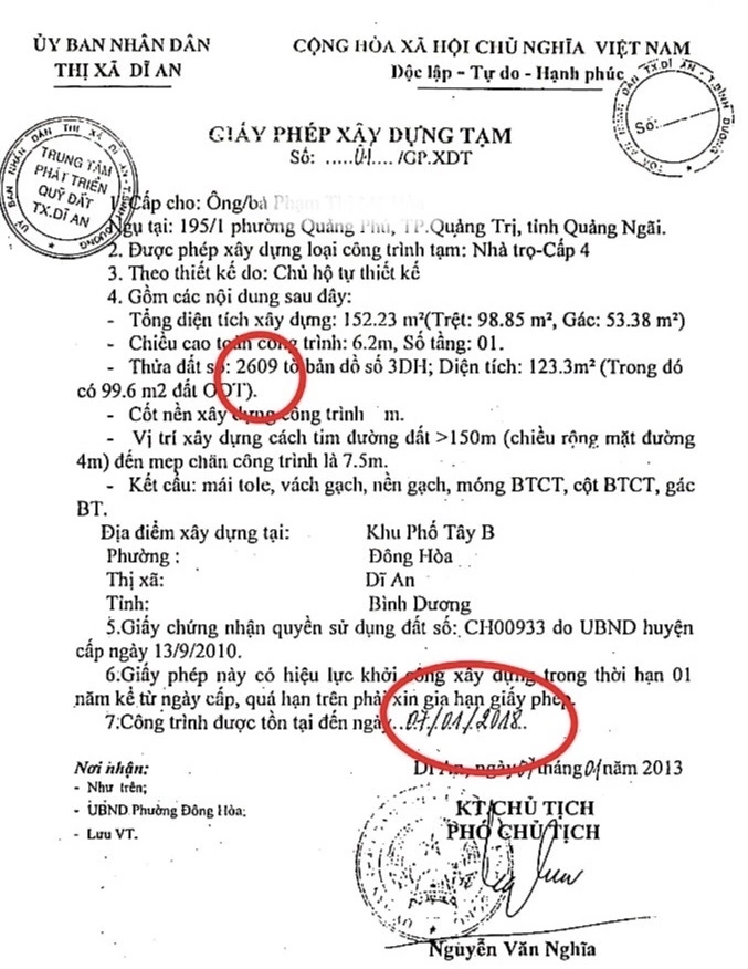 Giấy phép xây dựng căn nhà tạm được cấp trên thửa đất 2609. Ảnh chụp tư liệu